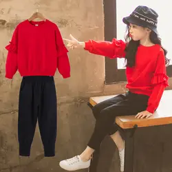 Уличная подросток Комплекты одежды для девочек хлопка с длинным рукавом комплекты для девочек красная футболка + брюки наряд спортивные