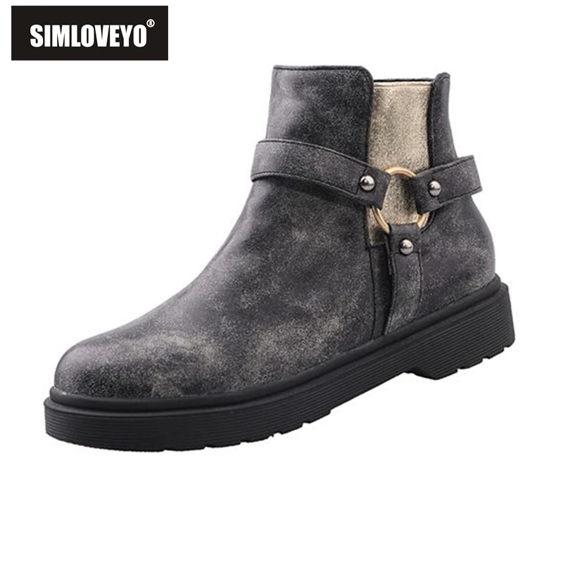 

SIMLOVEYO New 2019 Autumn Ankle boots Round toe Flat botas feiminino Buckle zipper Size 34-43 Nubuck Black Brown cowboy footwear
