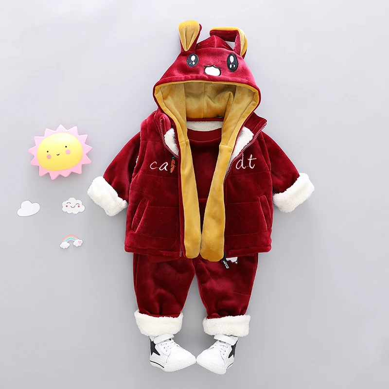 

Winter kids 3PCS Sets Coat Ffashion Cotton Boys Girls Clothing Sets Sports Warm Plus Thick Velvet Children Cartoon Tracksuits