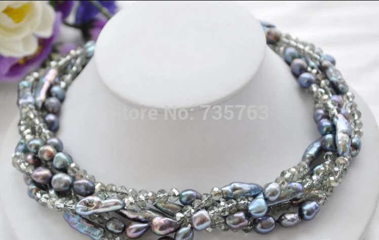 

HOT N980 5row 18" 25mm black baroque biwa freshwater pearl smoky quartz necklace