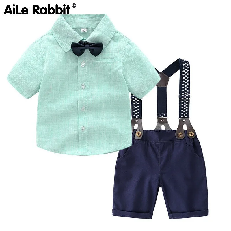 

AiLe Rabbit Children 2019 Summer Wear Male Children Solid Color Tie Short Sleeve Shirt + Straps Shorts Full Dress Twinset