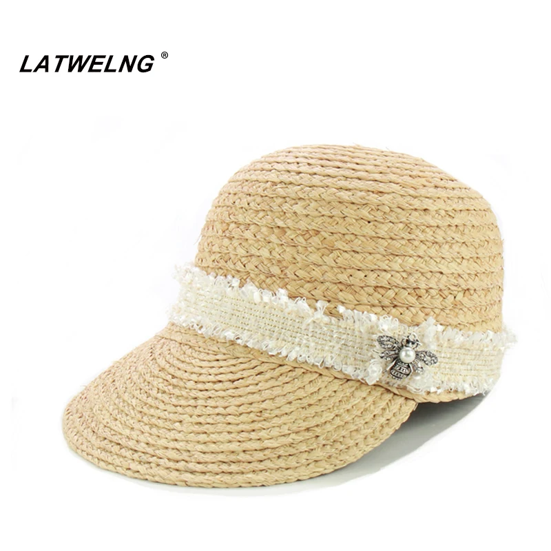 New Design Tweed Belt Raffia Baseball Caps Fashion Women Beach Hats With Bee Female Summer Straw Sun Visor Caps Wholesale