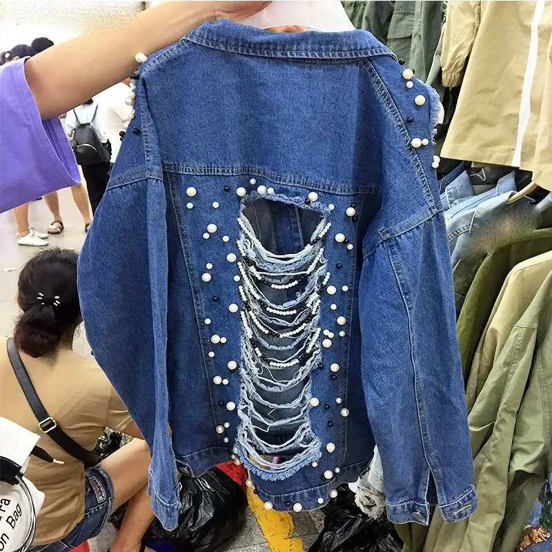 Perles Automne Slm Denim Nouveau Vendu Trou Femmes 2018 Jeackt xqw6I5Bx