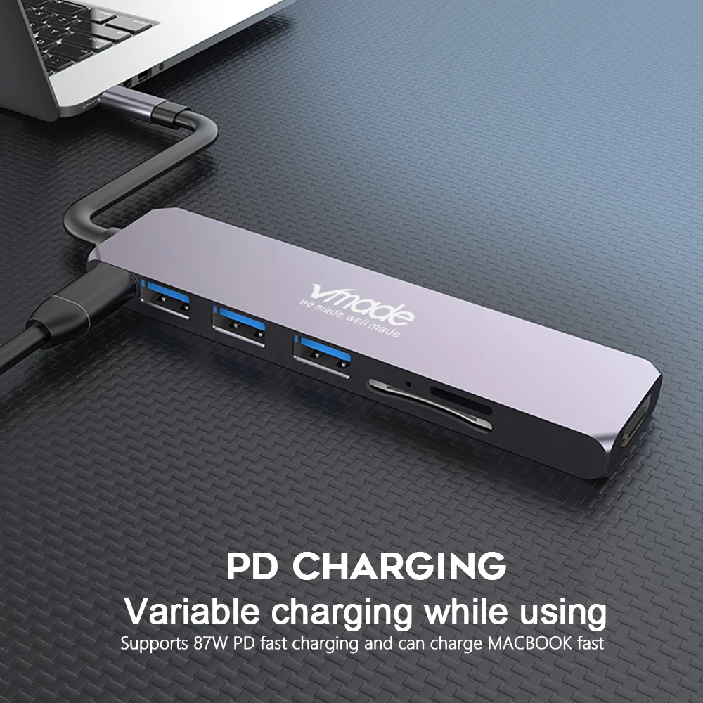 Vmade 7 в 1 type-C концентратор USB 3,0 Dual-type C для Macbook Pro USB-C адаптер с HDMI 4 K видео PD чтение SD/TF 3,0 карта USB порт