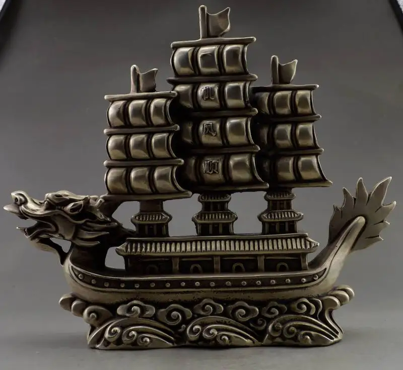 

Metal Crafts Collectible Decorated Old Tibet Silver Carved Dragon Boat Safety Trip Statue fast SHIPPING