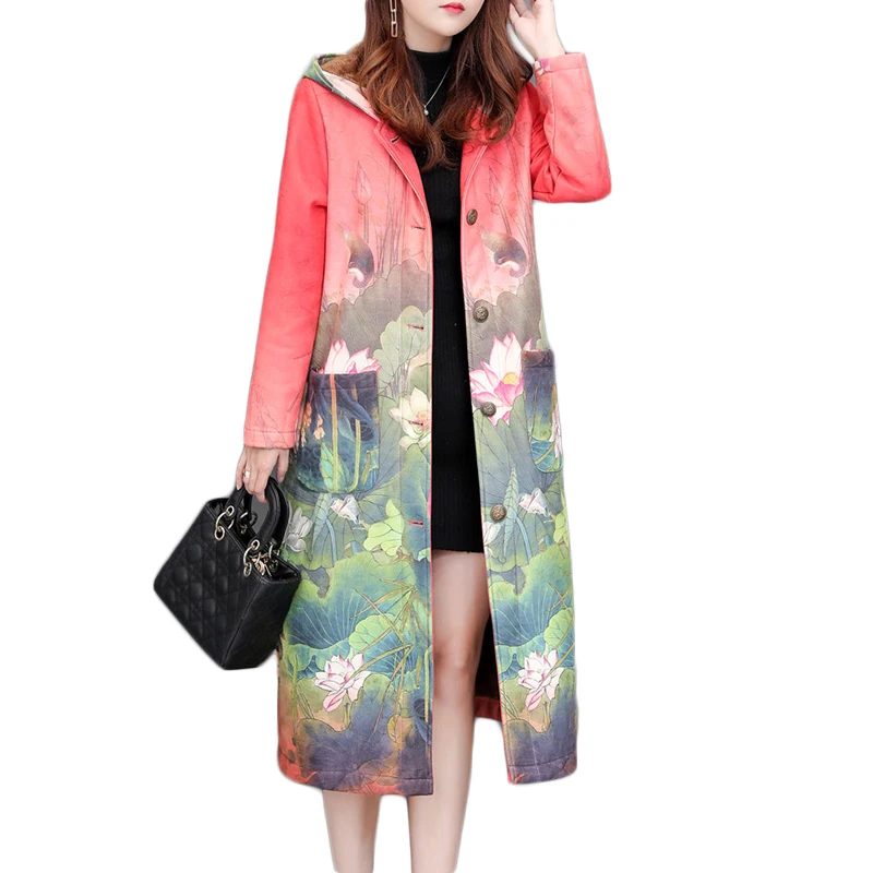 Осенне-зимнее замшевое пальто-ветровка с цветочным принтом, большой размер, женский длинный Тренч, женская верхняя одежда с принтом, замшевый Тренч, 5XL A971