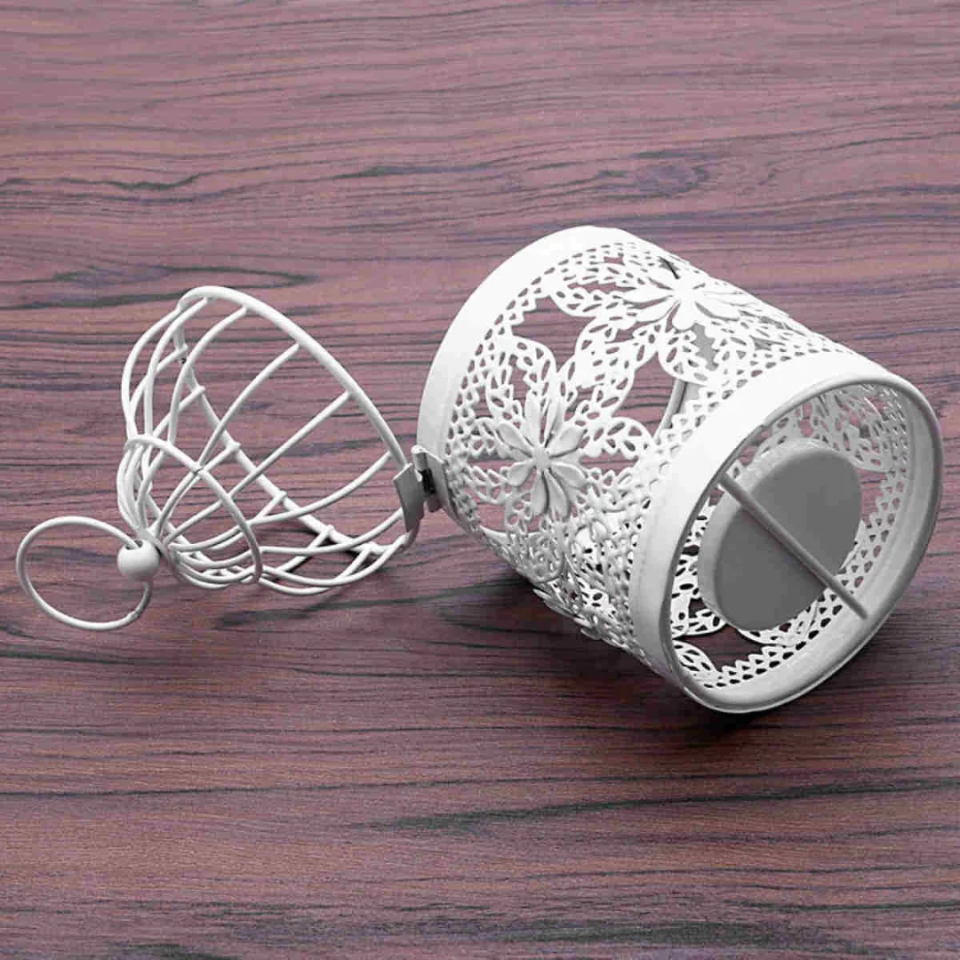 1pc Metal Hollow Candle Holder Tealight Candlestick Hanging Lantern Bird Cage White