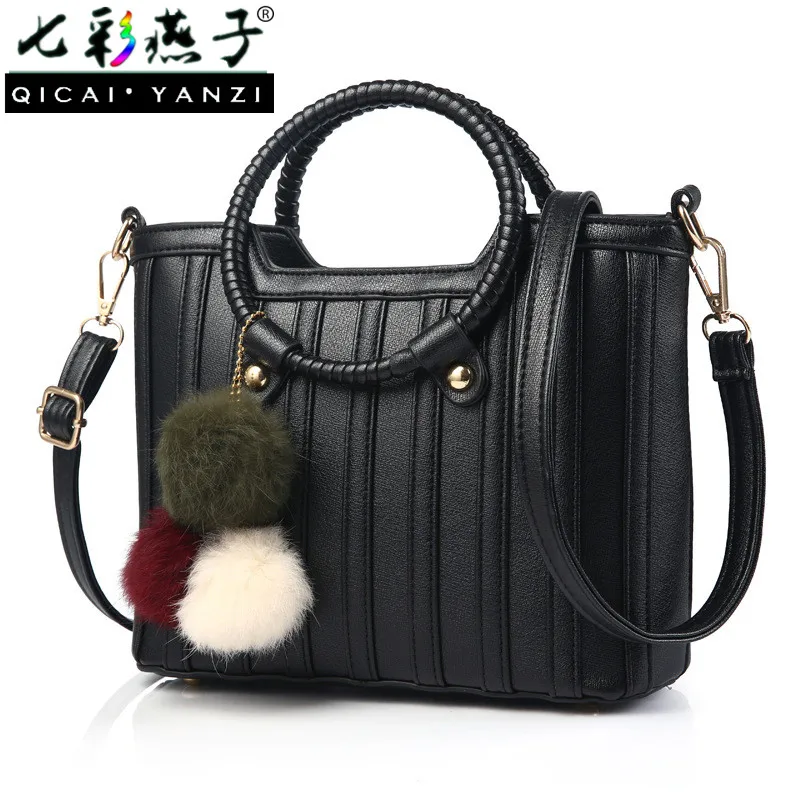 

QICAI.YANZI Women Luxury Bags Socialite Bracelet Handle Totes Lady Leather Hairballs Pendant Handbags Mujer Bolso Crossbody Z558
