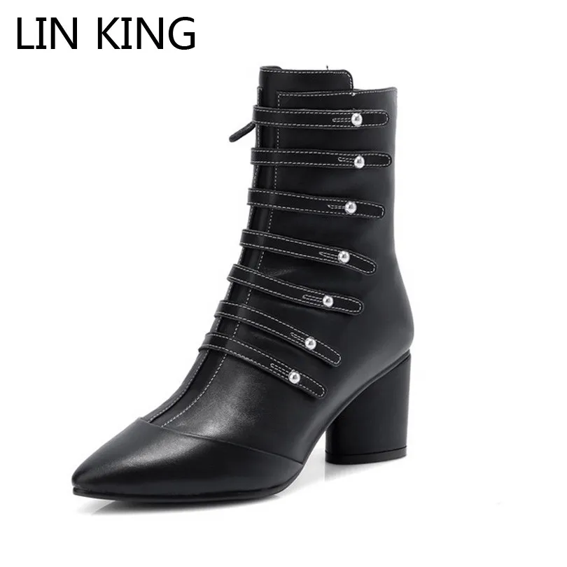 

LIN KING Solid Nubuck Leather Women Ankle Boots Black Pointed Toe Low Heels Zipper Martin Boots Vintage British Style Shoes