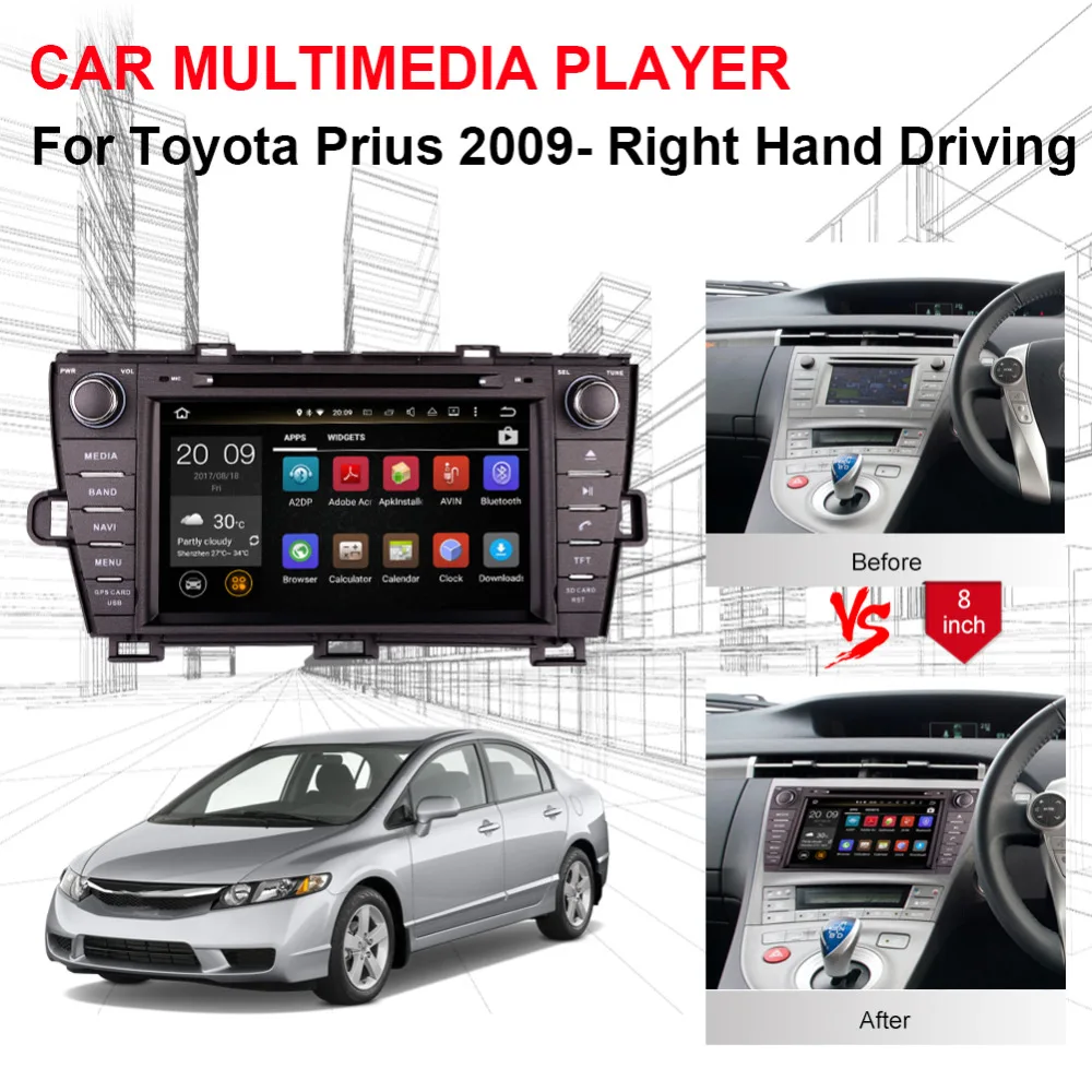 Excellent Android 8.0 Octa Core 4GB RAM Car GPS Navigation Radio Stereo For Toyota Prius 2009- Right Hand Driving DVD Multimedia Player 2