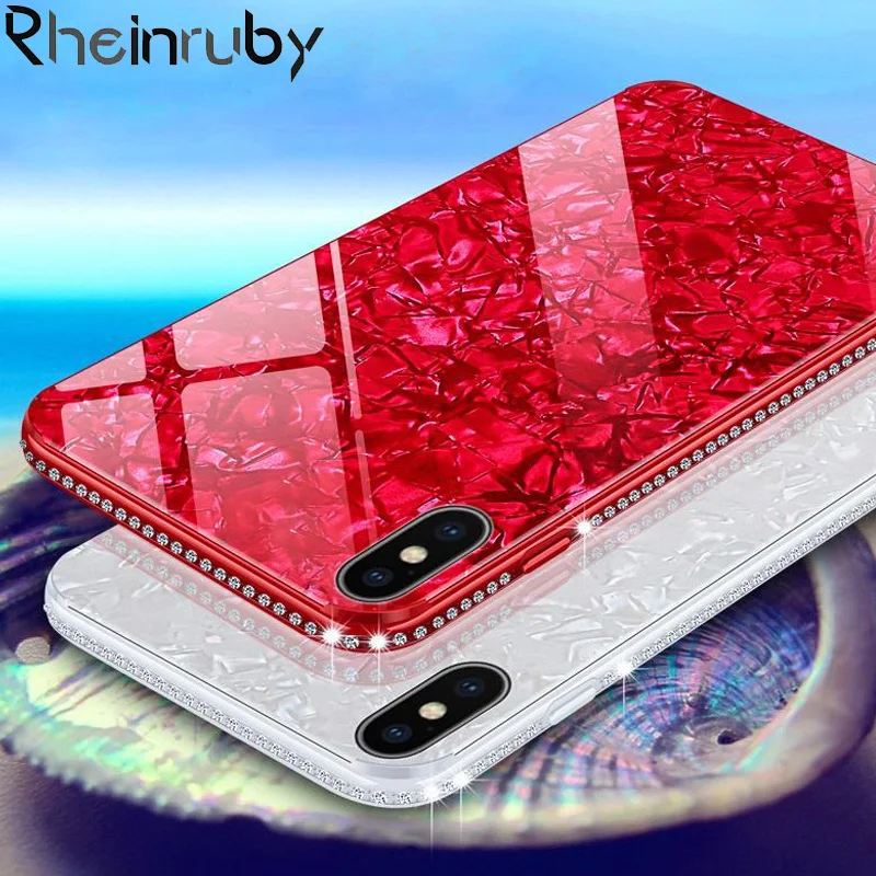 Rheinruby Luxury Tempered Glass Cases For iPhone 6 6S 7 8Plus X XS XR Max Glitter Rhinestone Shell Plating Soft Frame Case |