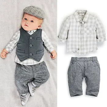 

Fashion Newborn Infant baby boy Gentleman Cotton Grey Vest/Waistcoat+ Pants + Plaid Checked Shirts clothes sets Suit 3PCS 0-24M