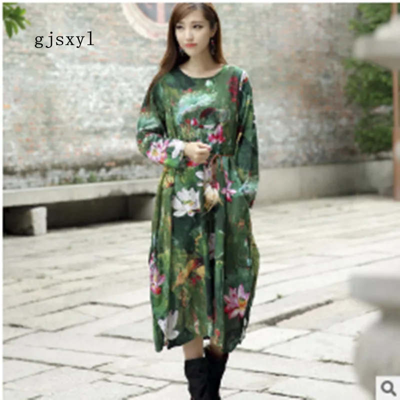 National wind women's 2017 autumn new open lotus leaf printing pregnant women long skirt loose long-sleeved cotton dress women