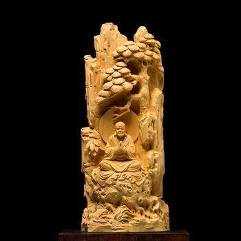 

22cm Buddha statue Lohan and Dharma under pine trees, wooden antique art collections, exquisite sculptures, figure statues