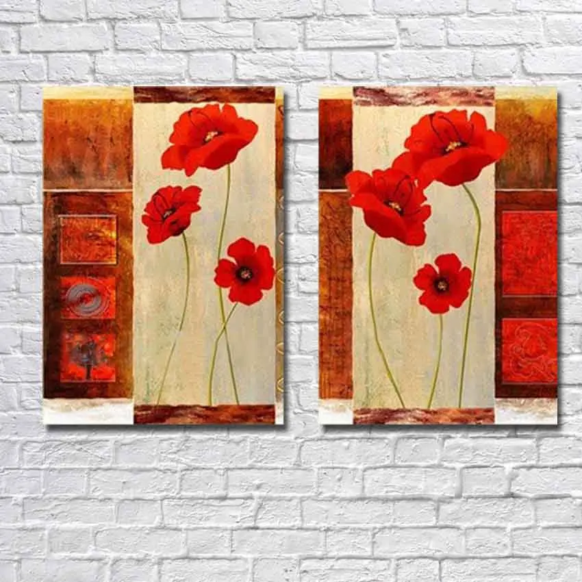 

Handpainted wall art for home decor abstract red flowers Landscape oil painting on canvas 2pcs/set combination for room unframe