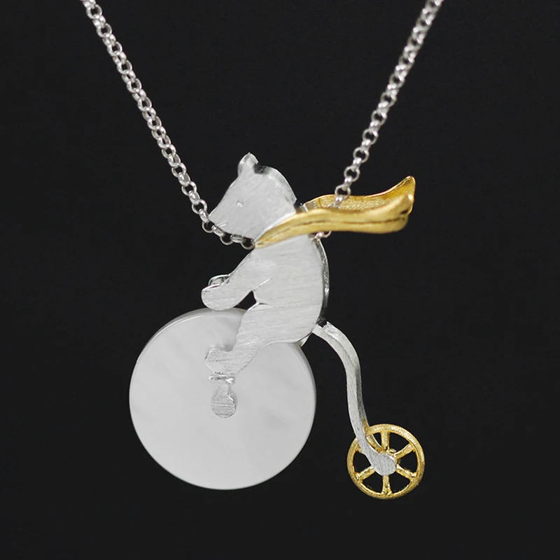 Lotus Fun Brand 925 Sterling Silver Pendant for Women Cute Bicycle Riding Bear Pendant without Chain Fine Jewelry Dropshipping