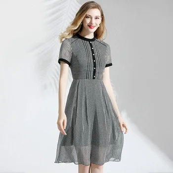 

Dress Summer 2019 Women's Chiffon Printed Round Neck Short Sleeves Swallow Grid Printed Slim A-Line Elegant Dress Knee Length
