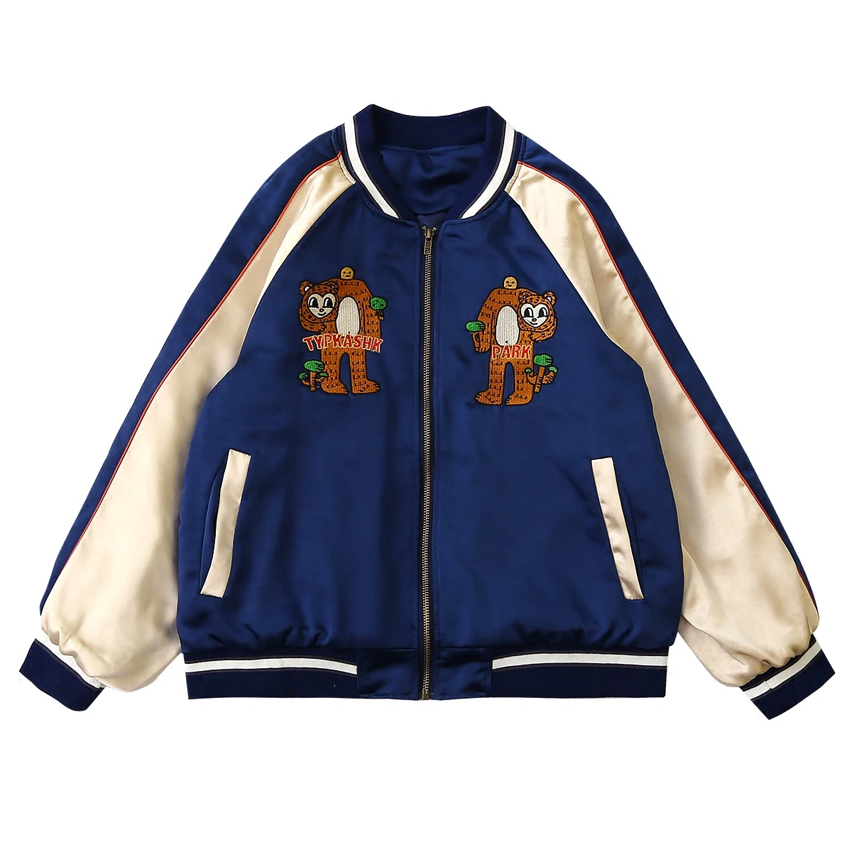 

Spring Autumn Casual Bomber Basic Jacket For Men And Women Cartoon Monkey Embroidery Female Satin Thick Warm Outwear Coats Blue