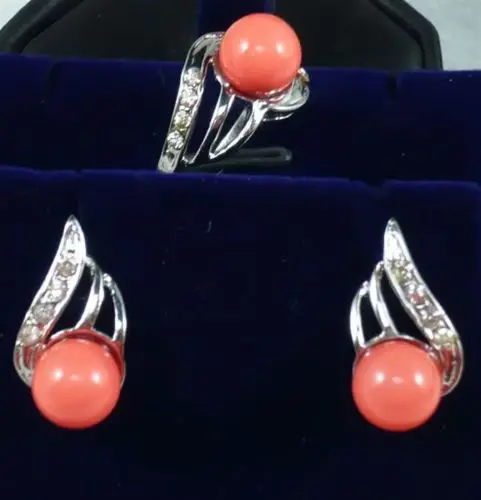 

Prett Lovely Women's Wedding fast shipping>> Noble jewelry Pink Shell Pearl Earring Ring Set AAA+