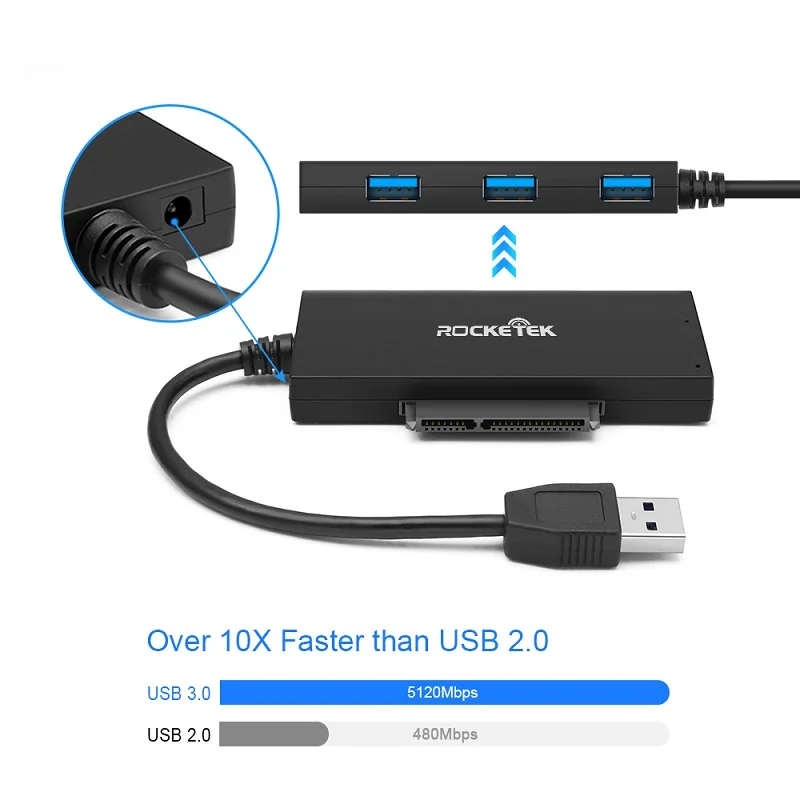 Rocketek multi usb 3.0 hub port 2.5 SATA adapter splitter Power Hard Drive SSD HDD SATA 22 Pin pc computer laptop accessories