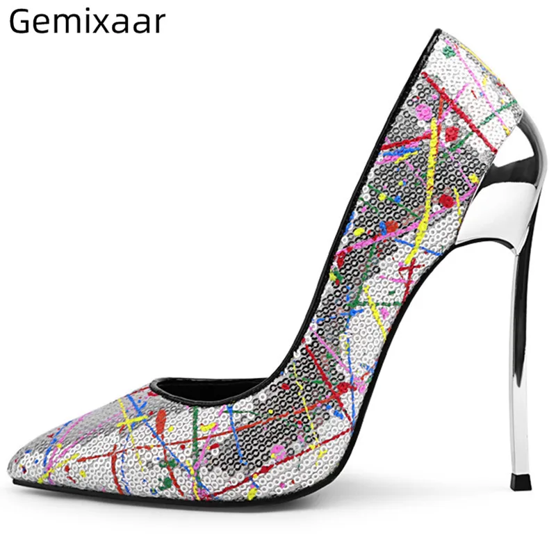 

Silver Sequins Pumps Shoes Women Pointy Toe Slim Shallow High Gladiator Metal Heel Zapatos Sexy Silver Decor Scrawl Pumps Woman