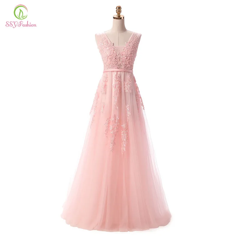 SSYFashion Hot Sell Sweet Light Blue Lace V-neck Lacing Long Evening Dress The Bride Party Sexy Backless Prom Dresses Custom dinner gown