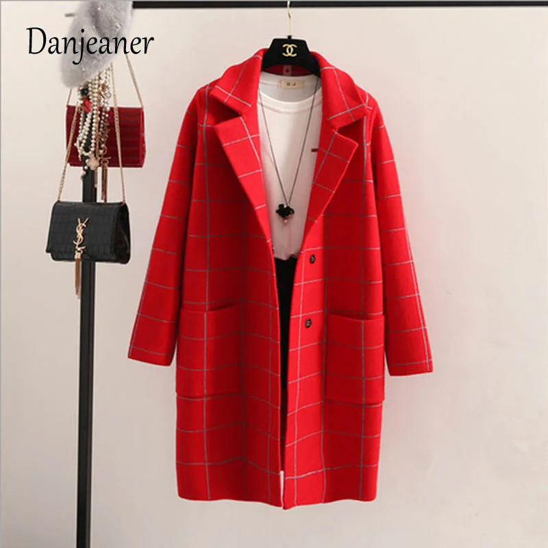 Danjeaner primavera otoño mujeres lana Trench coreano moda larga lana abrigo solo Breasted Delgado mujer Otoño Invierno lana abrigos - 5