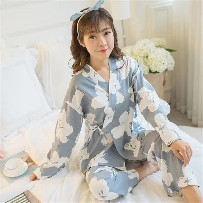 Женские пижамные комплекты, кимоно с длинным рукавом, пижамный комплект из 2 предметов, женская пижама, пикантная сорочка для женщин, одежда для сна, длинные штаны - Цвет: hefu baihua hui