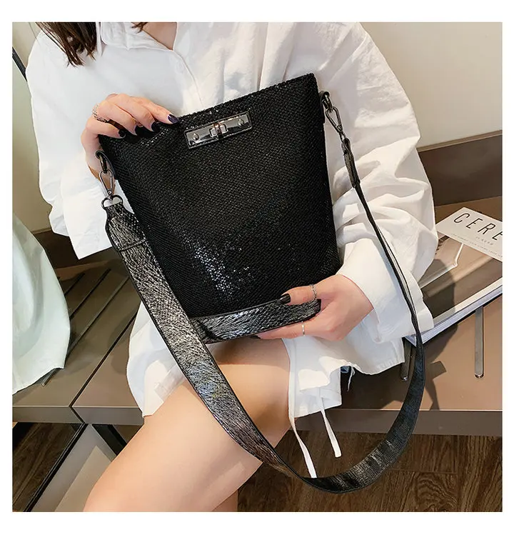 Fashion Luxurious female Korean Sequin Bling Black Bag shoulder Bucket bag Designer Ladies Crossbody Messenger Bags B42-29