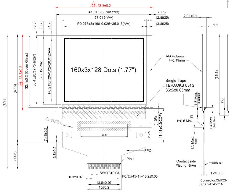 1,77 дюймовый 45-контактный полноцветный OLED экран SSD1353 Привод IC 160*128 SPI серийный 6800/8080 параллельный порт FFC 3121170013