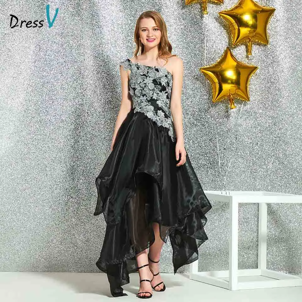 Dressv black one shoulder cocktail elegant appliques a line tea length wedding party formal dress tulle cocktail dresses