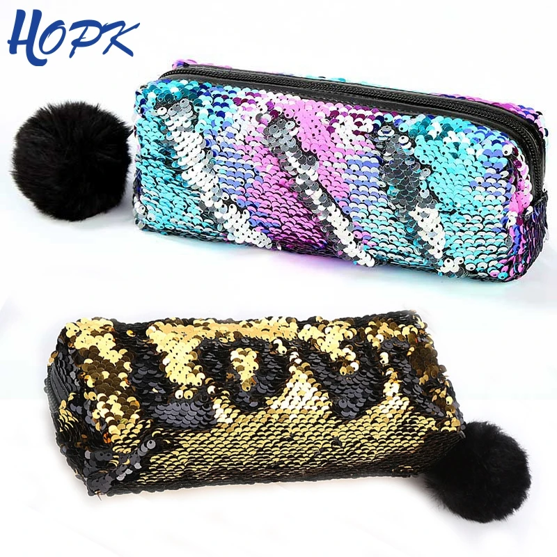 

Glitter Sequin Pencil Case for Girls School Supplies Big Capacity Hairball Pencil Case School Stationery Gift Pencilcase