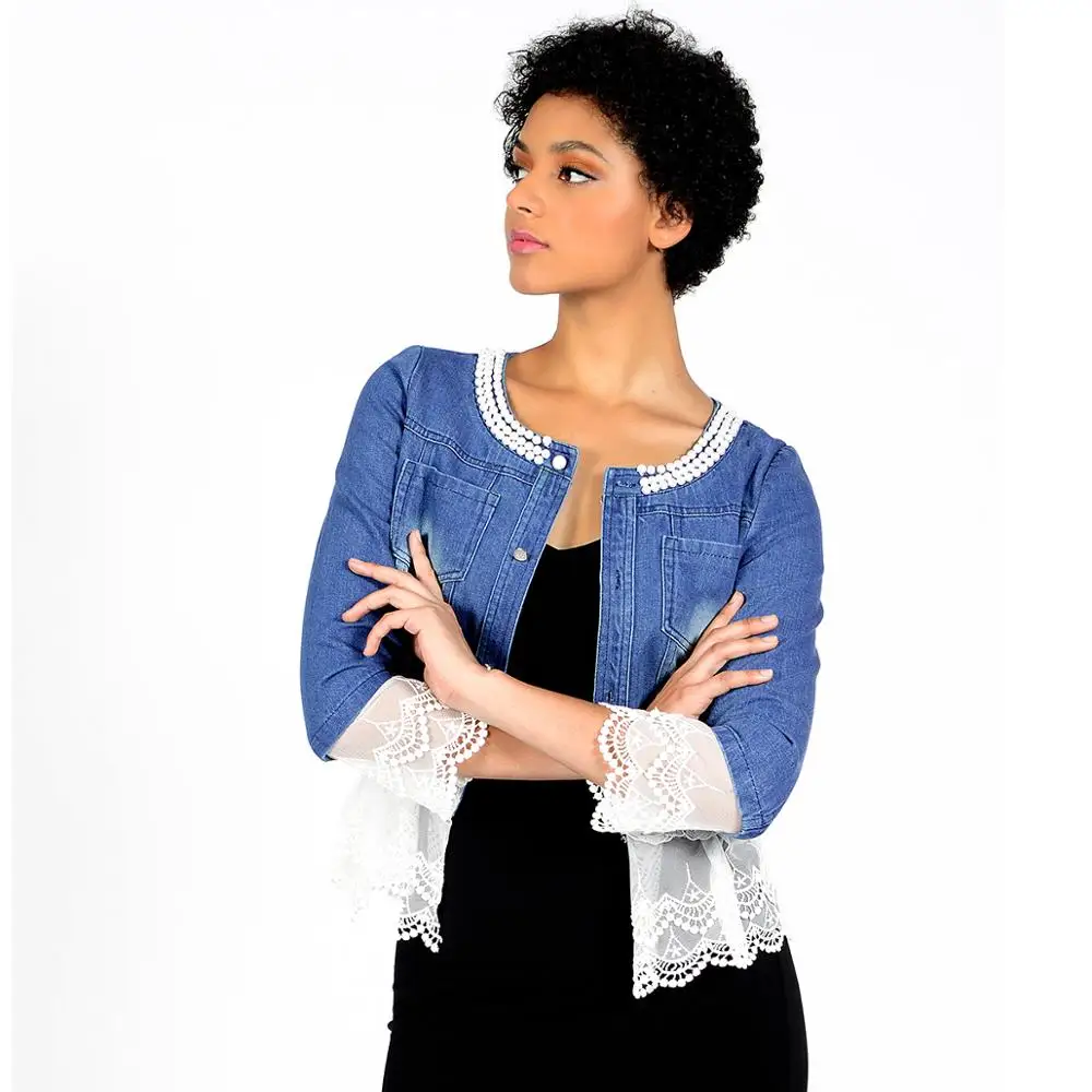 

Женская джинсовая куртка SX, синяя элегантная Облегающая джинсовая куртка с кружевом и бусинами в винтажном стиле, 2019