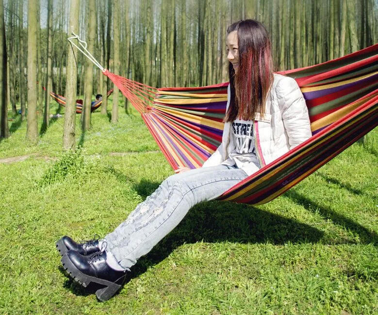 

200*80cm Outdoor Portable individual rainbow hammock camping Parachute cloth Dormitory canopy colour Canvas Stripe swing hammock