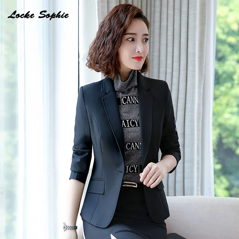 1pcs Women Plus size Blazers coats 2019 Autumn cotton Splicing Long sleeves Black Small Suits jackets ladies Skinny Blazers Suit