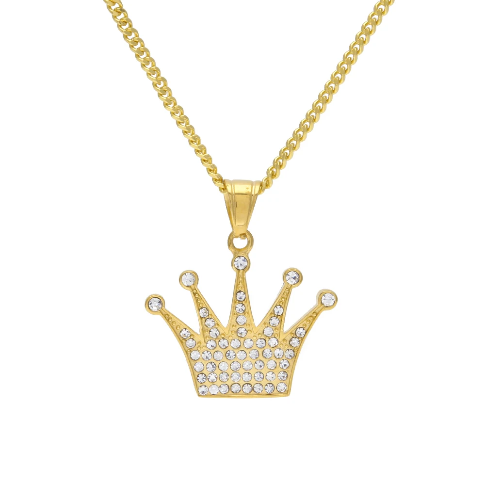 Хип-хоп король корона кулон ожерелье из нержавеющей стали золотой цвет Iced Out подвеска-Шарм с искусственным бриллиантом с 3 мм 60 см кубинская цепь