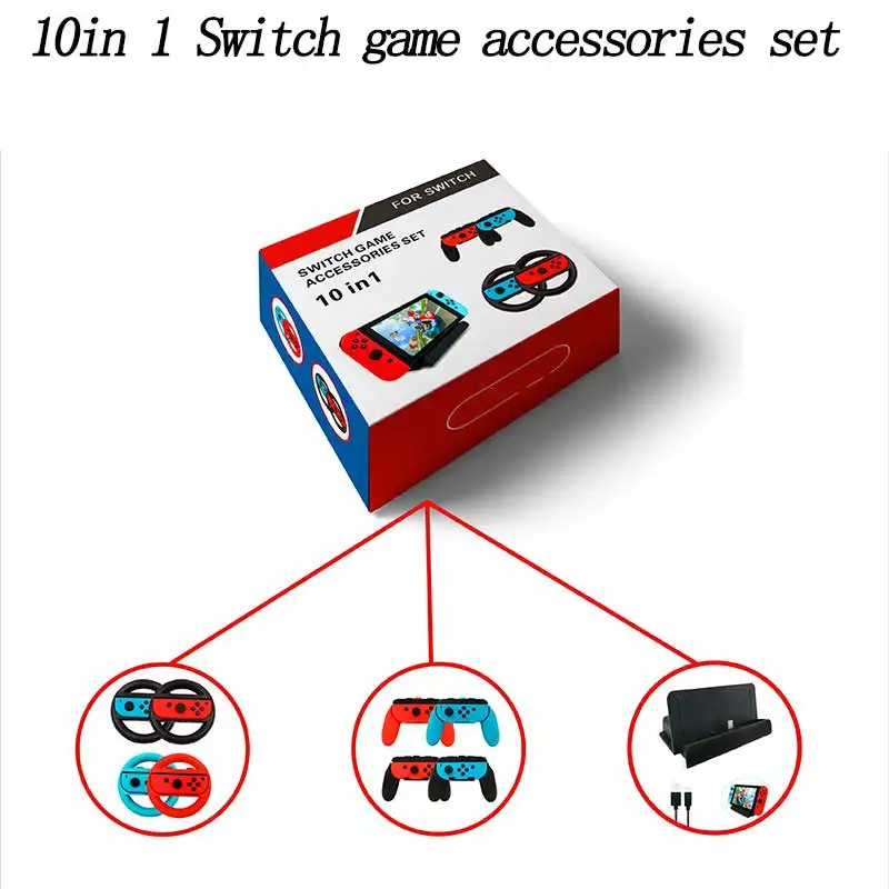 

10 in 1 Accessories Set for Nintend Switch 4 * Steer Wheel Handle for Joy-con Grip 4 * Controller Grips Type-C Cable Charge r30