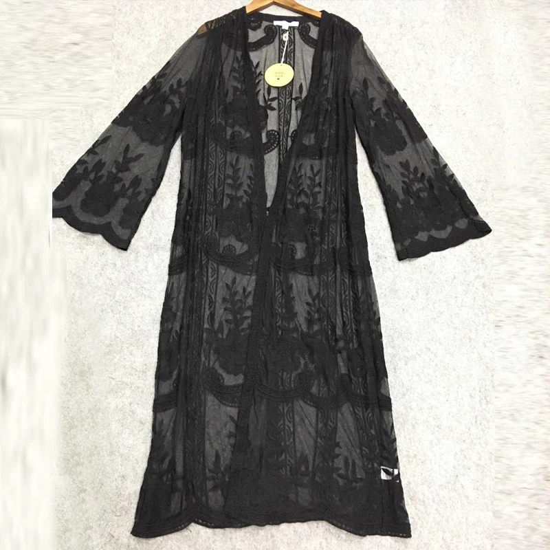 Spicylace Women High Quality Print Flower Lace Cardigan Long Sleeve Beach Open Kimono Cardigan Long Blouses Tops