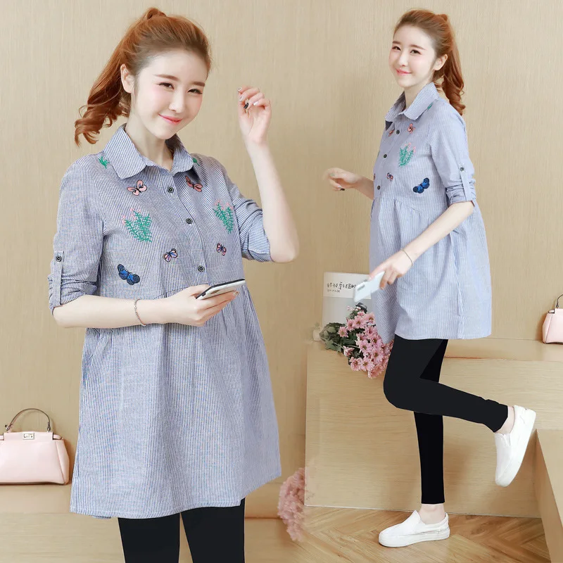 

Envsoll 2018 Spring Maternity Dress Long Sleeve Women Embroidered Striped Pregnant Clothes For Pregnant Women Pregnancy Clothing