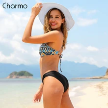 Charmo 2019 news Women Bikini Set Vintage Floral Print Swimwear Strappy Swimsuit Bathing Suit Padded Beachwear halter-neck vest alluring floral halter neck bikini set for women
