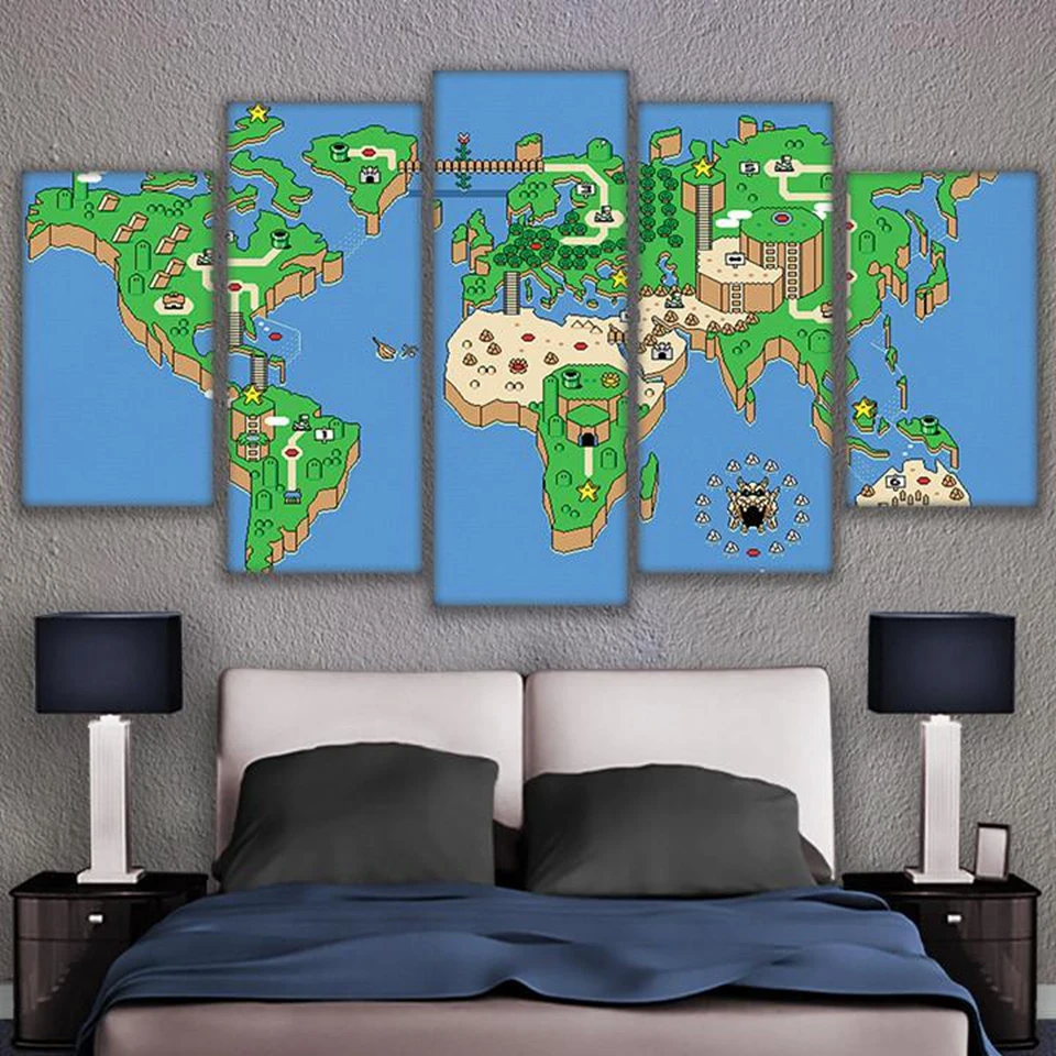 

Wall Art Canvas Pictures HD Prints Home Decor Living Room Frame 5 Pieces Super Mario Modular Painting Game World Map Poster