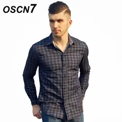 OSCN7 темно-синий плед рубашки Для мужчин плюс Размеры Повседневное Бизнес Для мужчин s рубашка с длинными рукавами модные Chemise Homme FM086B