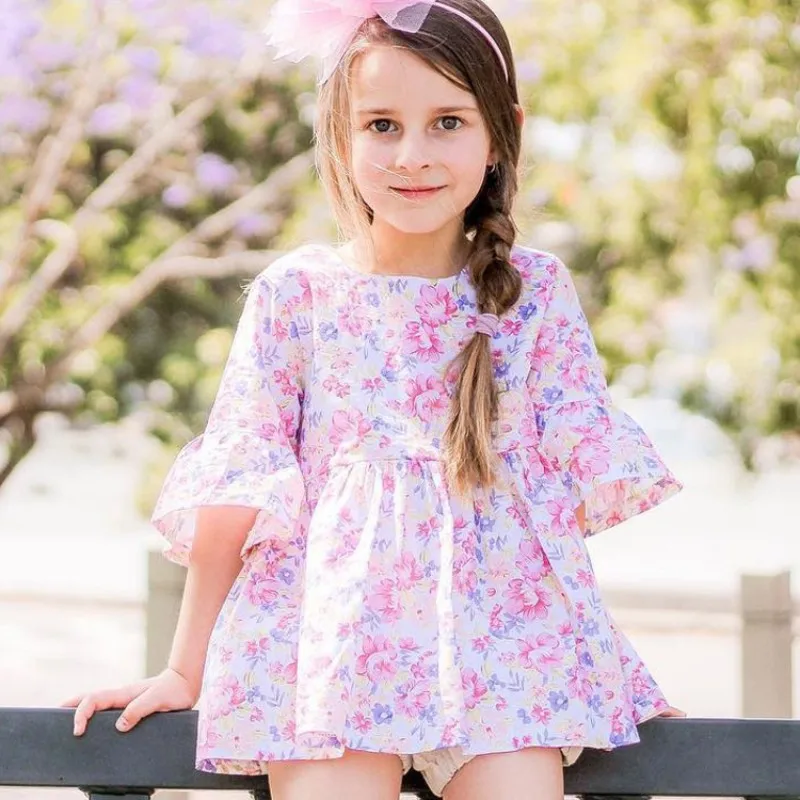 

Baby Girl Spring Summer Dress Garden Floral Horn Sleeve Baby Dress Toddler Carnival Princess Birthday Photo Clothing Dress