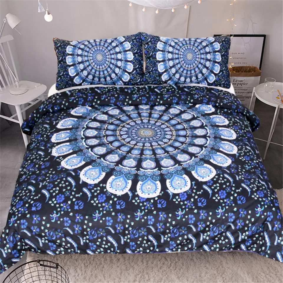 Blue White Bohemian Bedding Set Mandala Printing Ethnic Style Boho