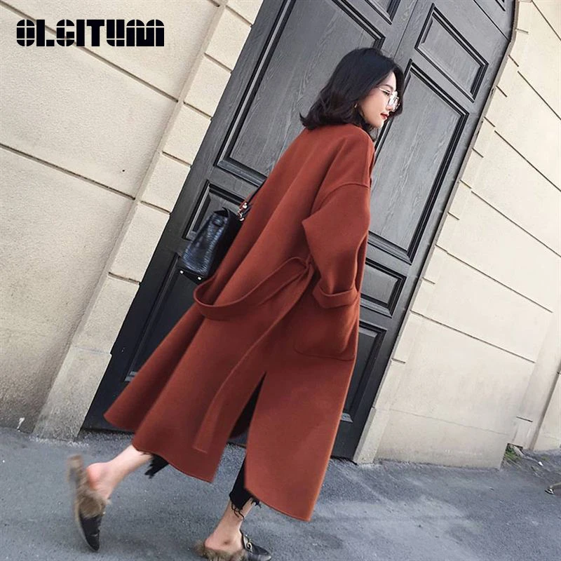 

2019 Hot Sell Spring Long Elegant Woolen Coats Women Casual Loose Trench Coat Women Lapel Wide Belt Pocket Woolen Coat