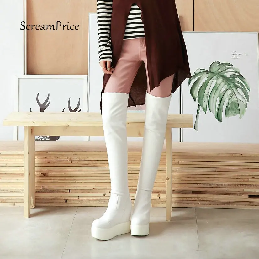 

Women Platform Height Increasing Over The Knee Boots Winter Fashion Thigh Boots Woman Shoes White Black Pink