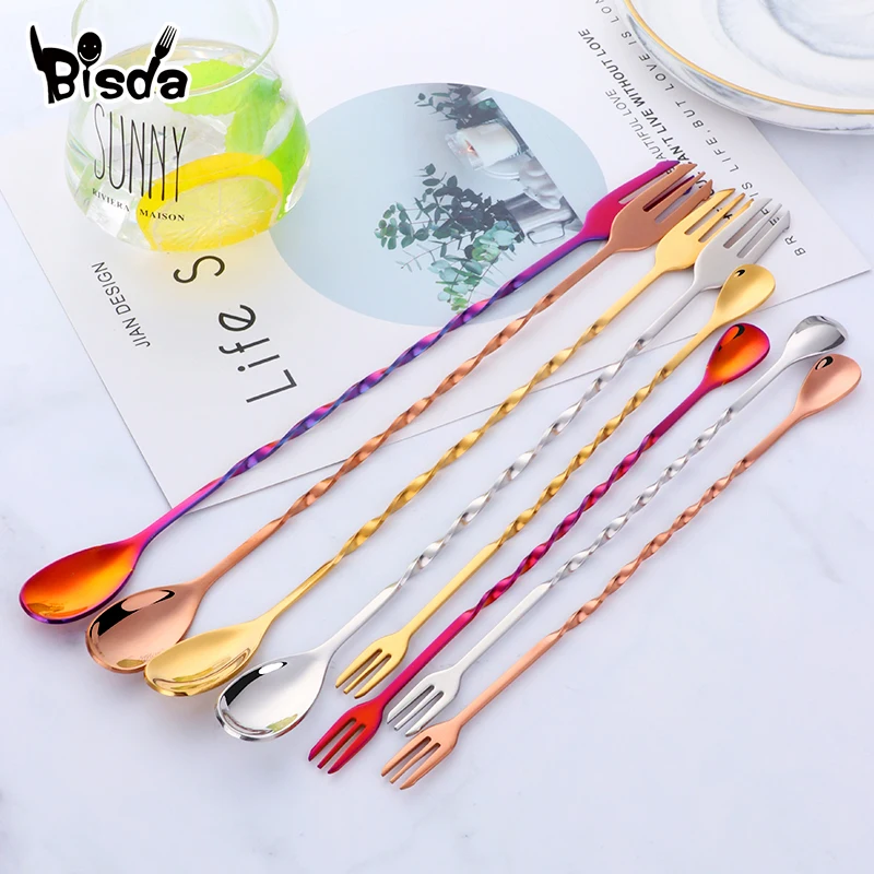 Cocktail Bar Spoons Fashion Swizzle Stainless Steel Bar Spoon With Fork Long Twisted Spoons Forks Stirring Ice Wine Tools Cocktail Bar Spoons Fashion Swizzle Stainless Steel Bar Spoon With Fork Long Twisted Spoons Forks Stirring Ice Wine Tools