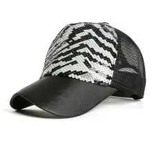 Женская летняя контрастная двухцветная блестящая бейсболка с пайетками, с волнистыми полосками зебры, с сетчатой спинкой, регулируемая бейсболка в стиле хип-хоп