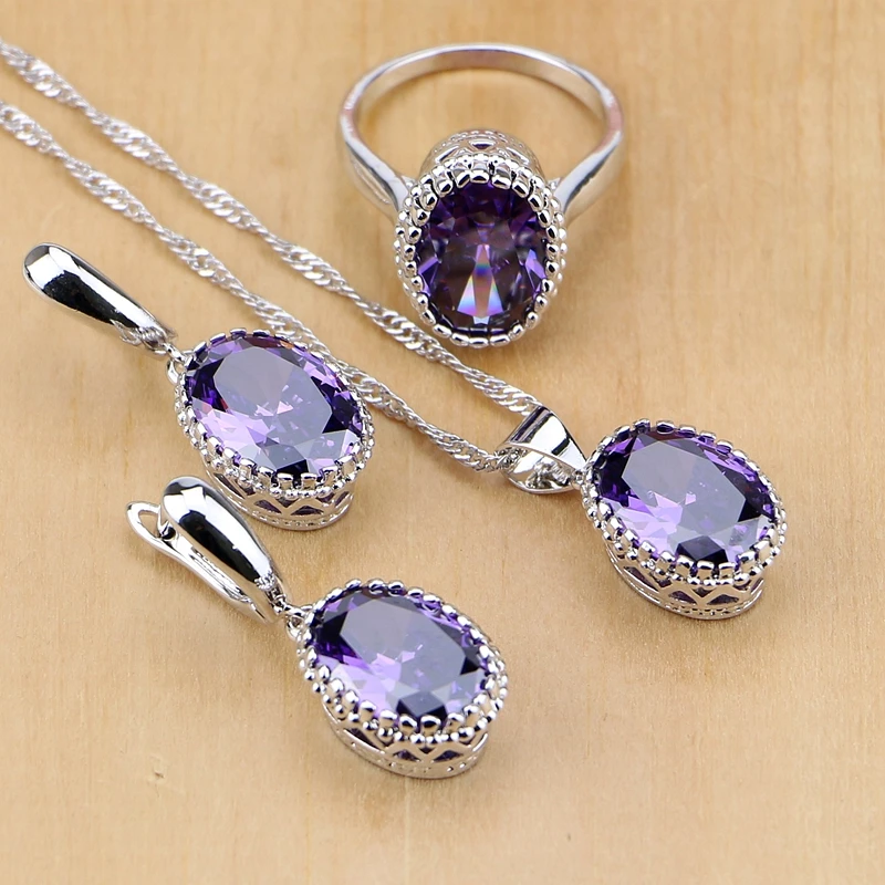 925 Sterling Silver Jewelry Purple Zircon White Crystal Jewelry Sets