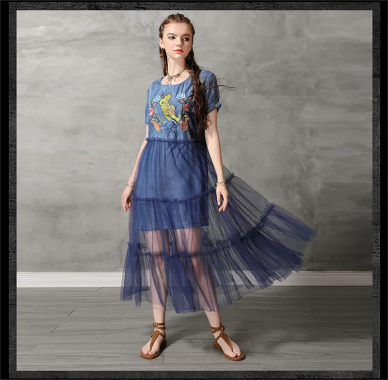 Summer Sexy Mesh Dress 2019 Vintage Women Denim Dresses Tiger Embroidery Chiffon Patchwork Vestido O-neck Dress KE82176 (13)